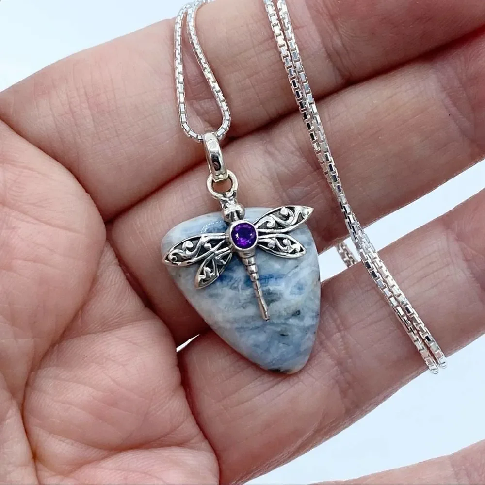 Dragonfly Blue Scheelite & Amethyst Solid Sterling Silver Necklace